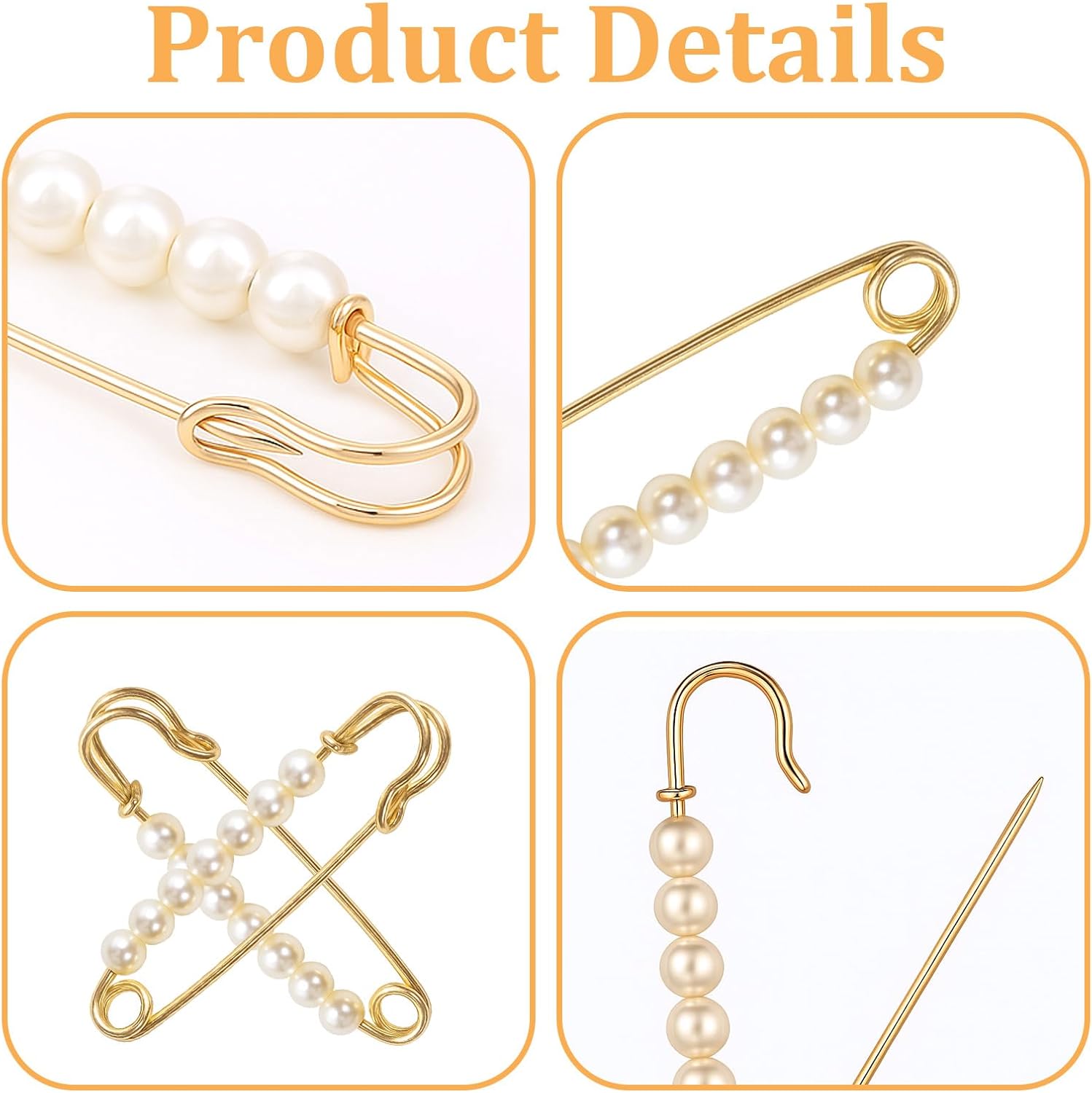 6 PCS Faux Pearl Brooch Pin Safety Pins Decorative for Women, Gold Pearl Pin for Clothes Pants Clips to Tighten Waist, Large Waist Extender Decorative Pins for Shawl Sweater Dress Hat Pants Wedding