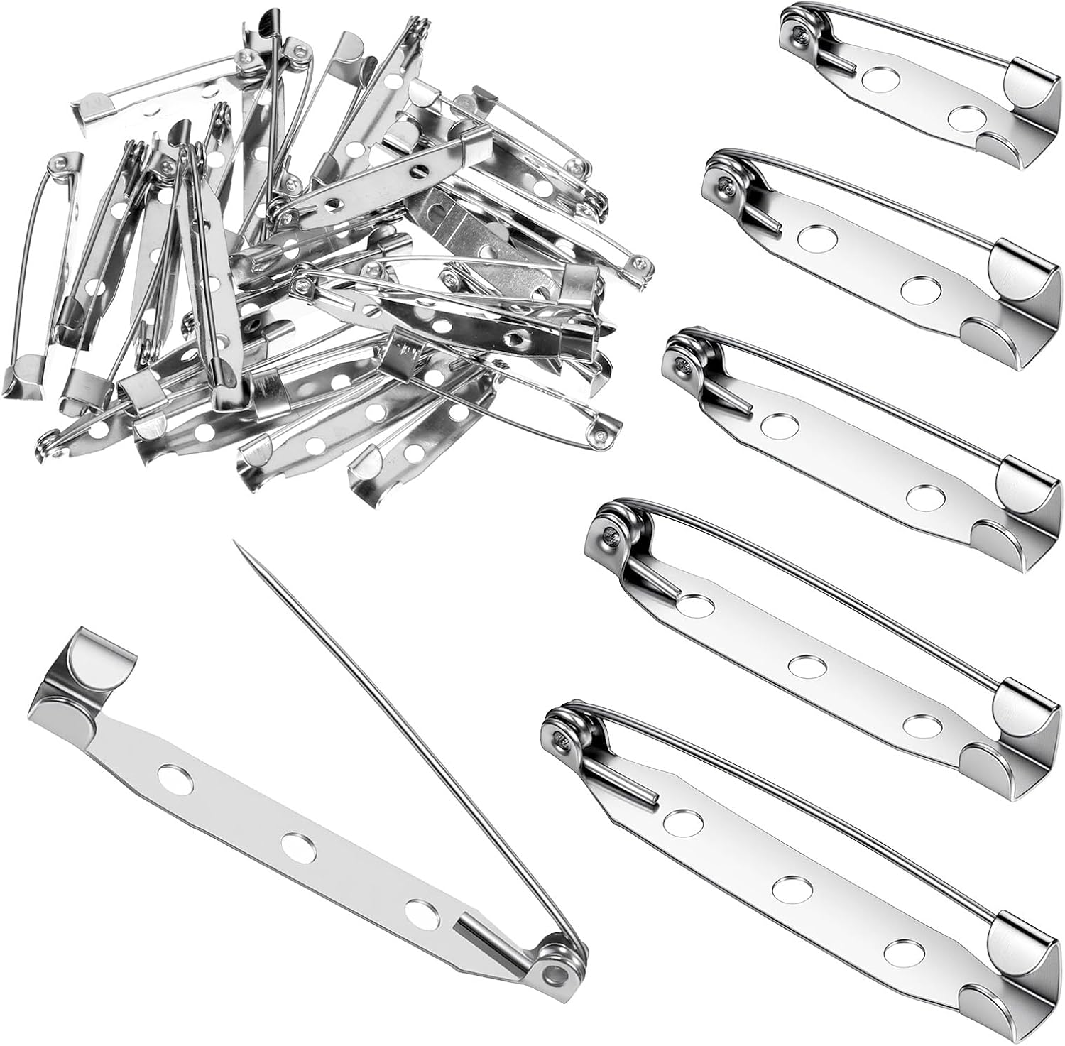 Silver Brooch Pins for Crafts, Safety Brooch Pin Backs with Holes Metal Safety Pin Broochs Pinback Broochs Backings Safetys Back Clasp for Jewelry Making Badge Tacks Citation Bars Corsage, 5 Size