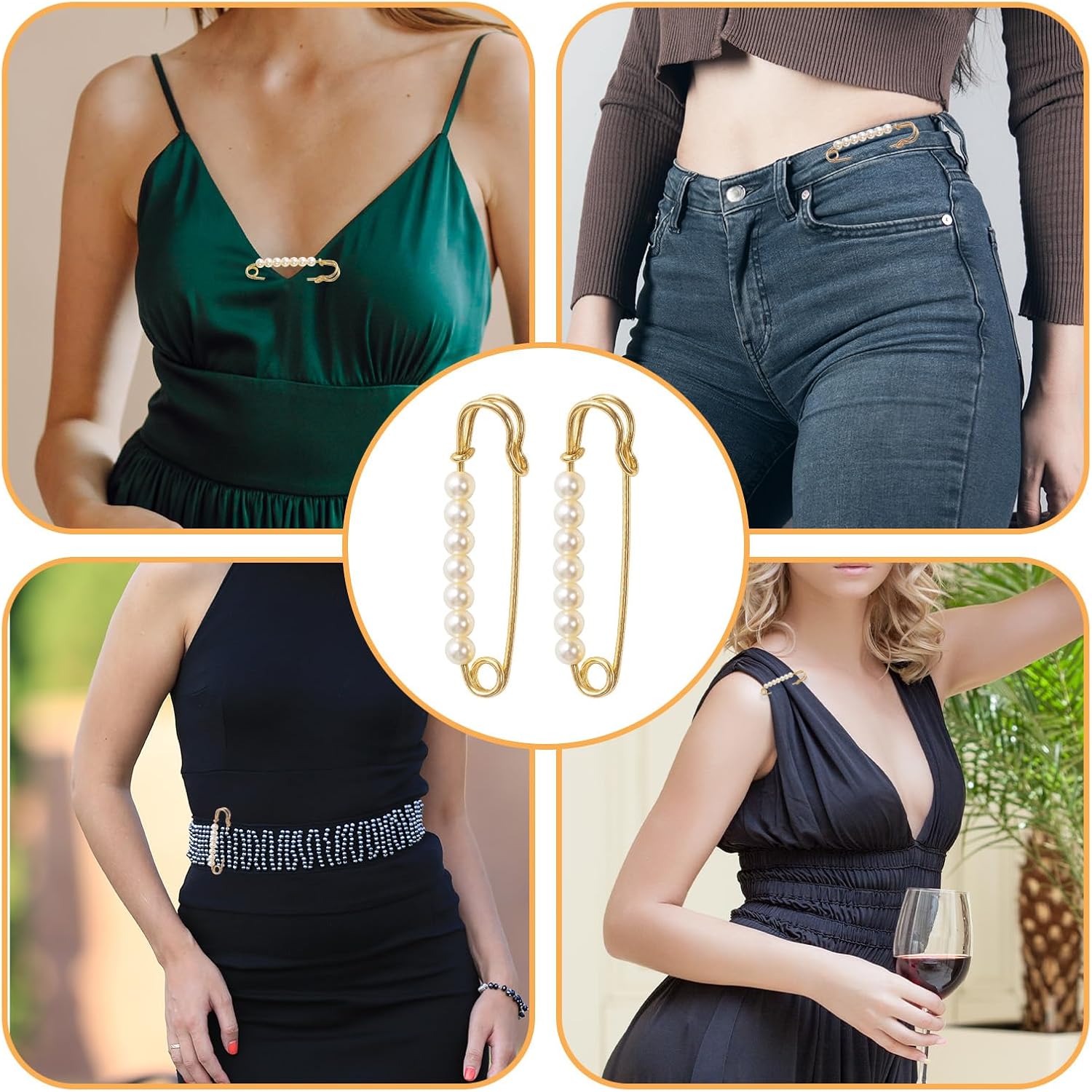 6 PCS Faux Pearl Brooch Pin Safety Pins Decorative for Women, Gold Pearl Pin for Clothes Pants Clips to Tighten Waist, Large Waist Extender Decorative Pins for Shawl Sweater Dress Hat Pants Wedding