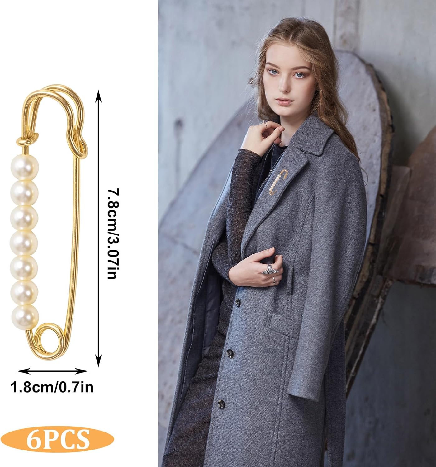 6 PCS Faux Pearl Brooch Pin Safety Pins Decorative for Women, Gold Pearl Pin for Clothes Pants Clips to Tighten Waist, Large Waist Extender Decorative Pins for Shawl Sweater Dress Hat Pants Wedding