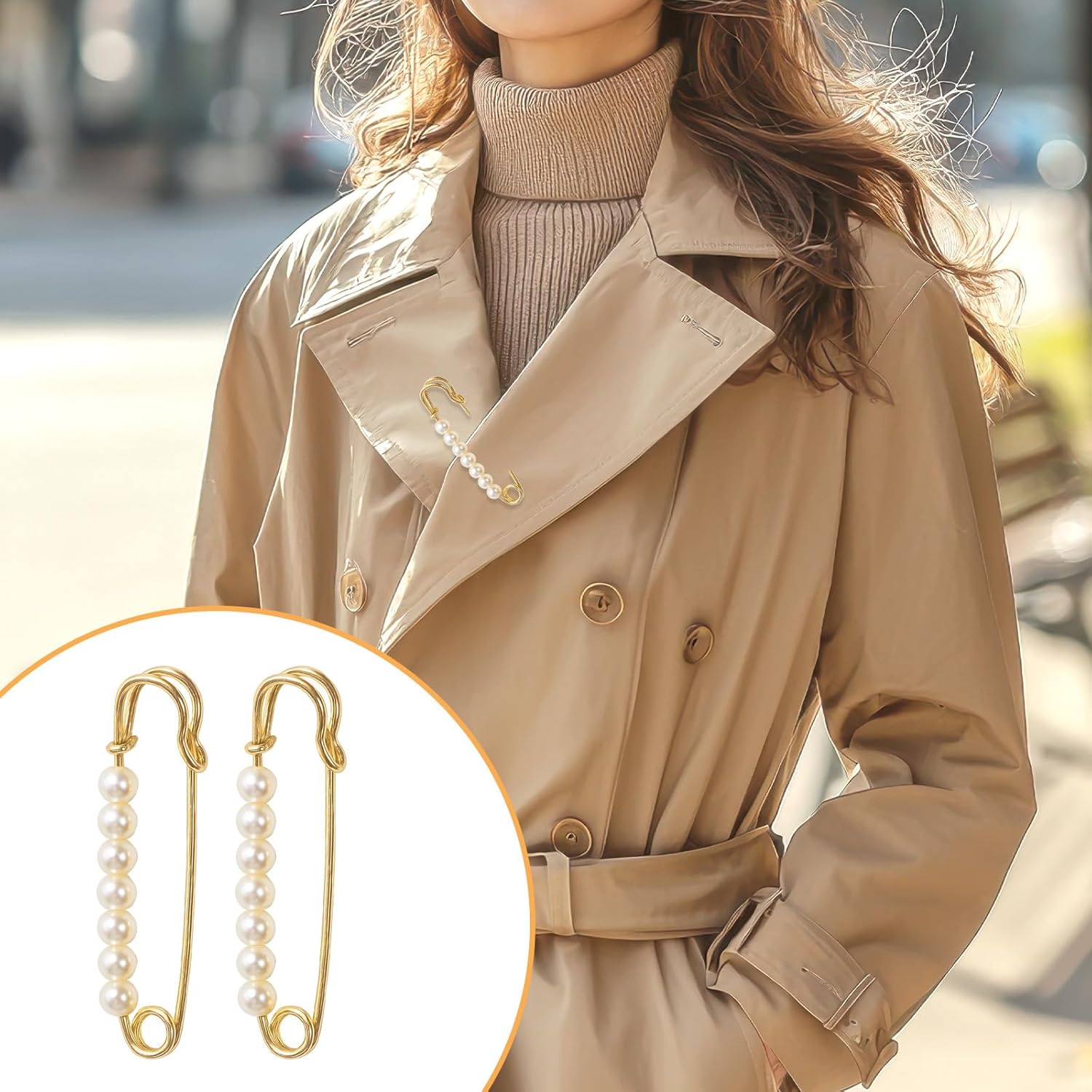 6 PCS Faux Pearl Brooch Pin Safety Pins Decorative for Women, Gold Pearl Pin for Clothes Pants Clips to Tighten Waist, Large Waist Extender Decorative Pins for Shawl Sweater Dress Hat Pants Wedding