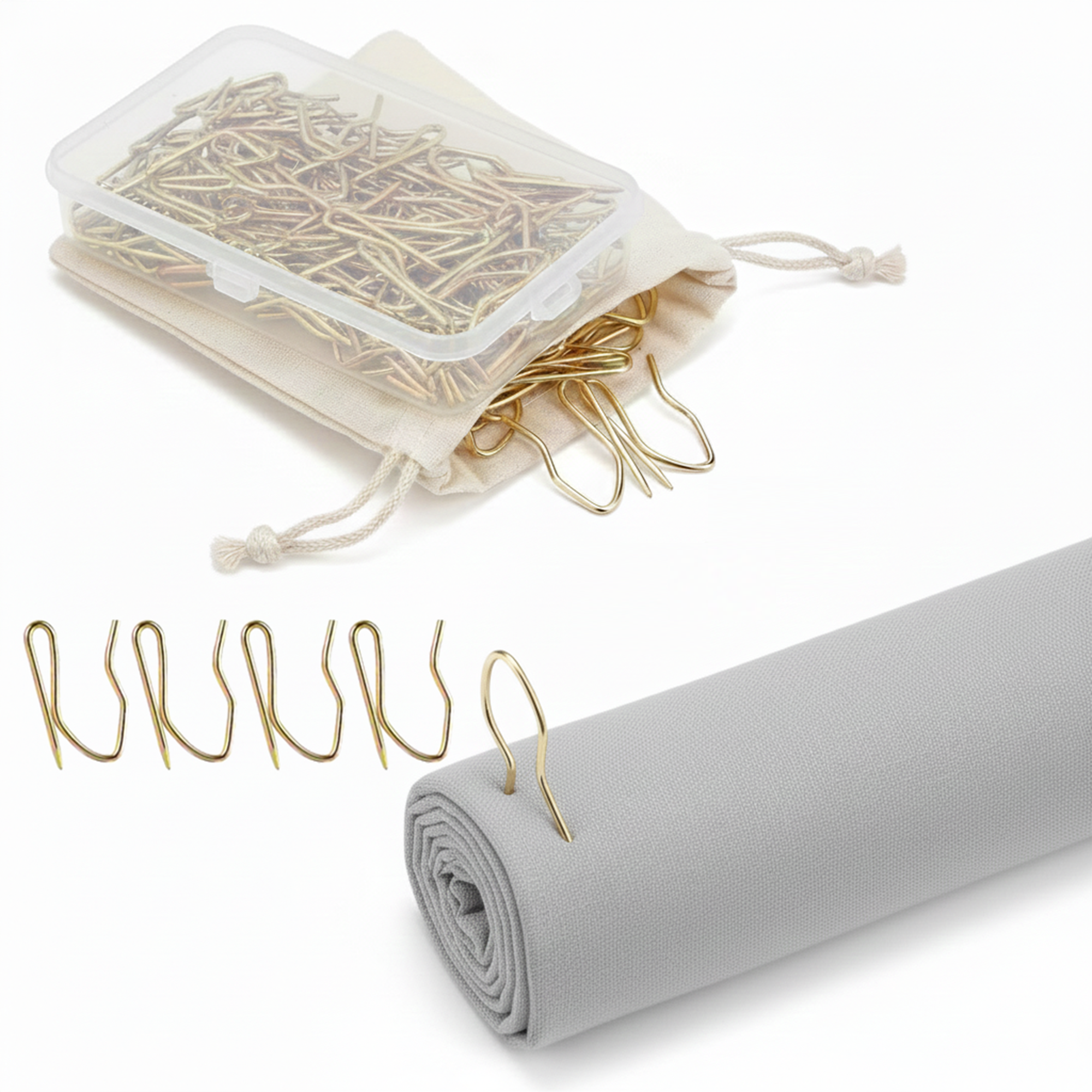 100 Pack Gold Metal Curtain Hooks, Pin-On Drapery Pins for Pinch Pleat Curtains, Decorative Curtain Pins for Window, Door, Shower Curtains & Drapes, with Clear Storage Box